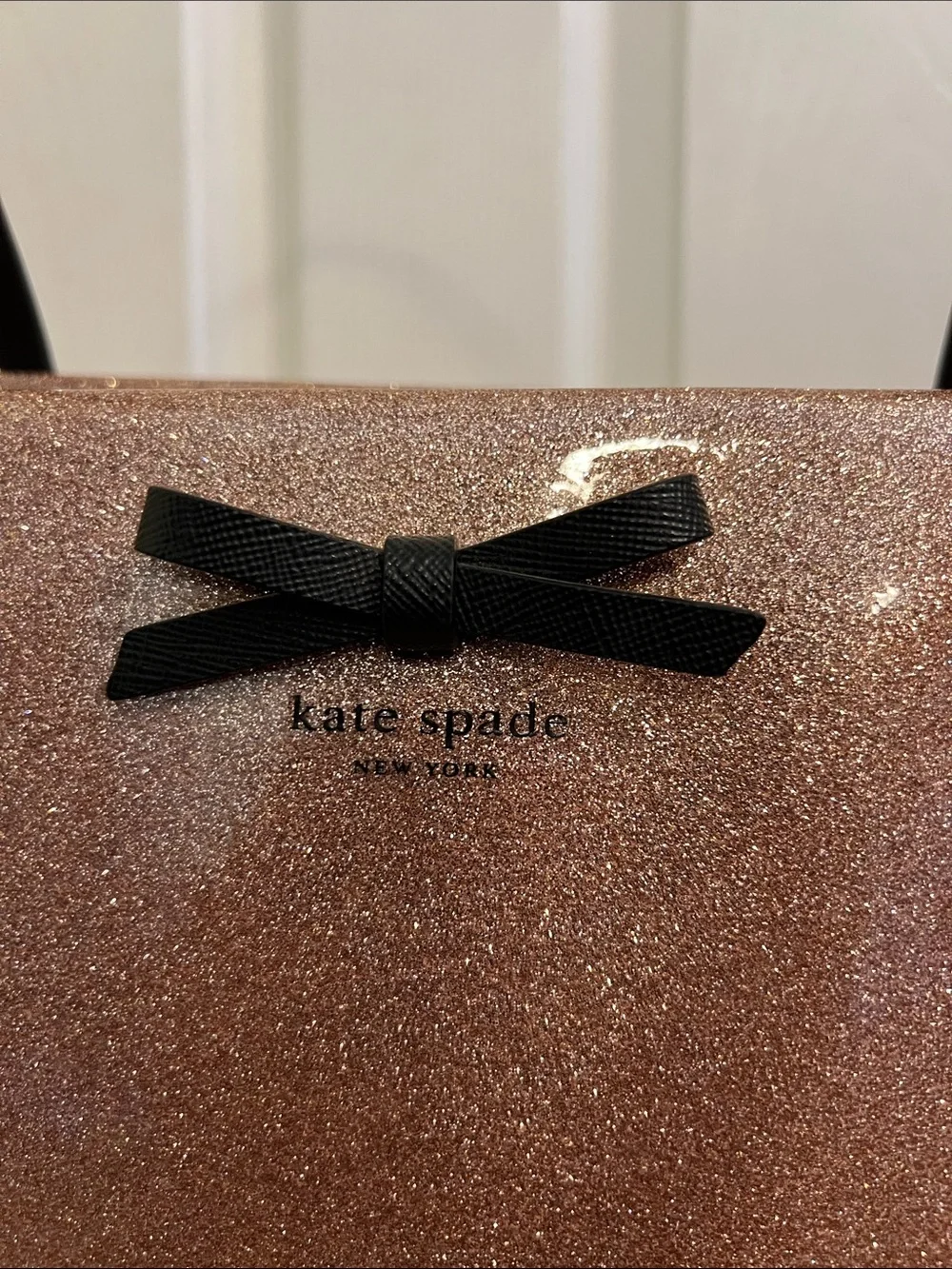 Kate Spade Rose Gold Glitter Tote with Black Bow and Black Handles